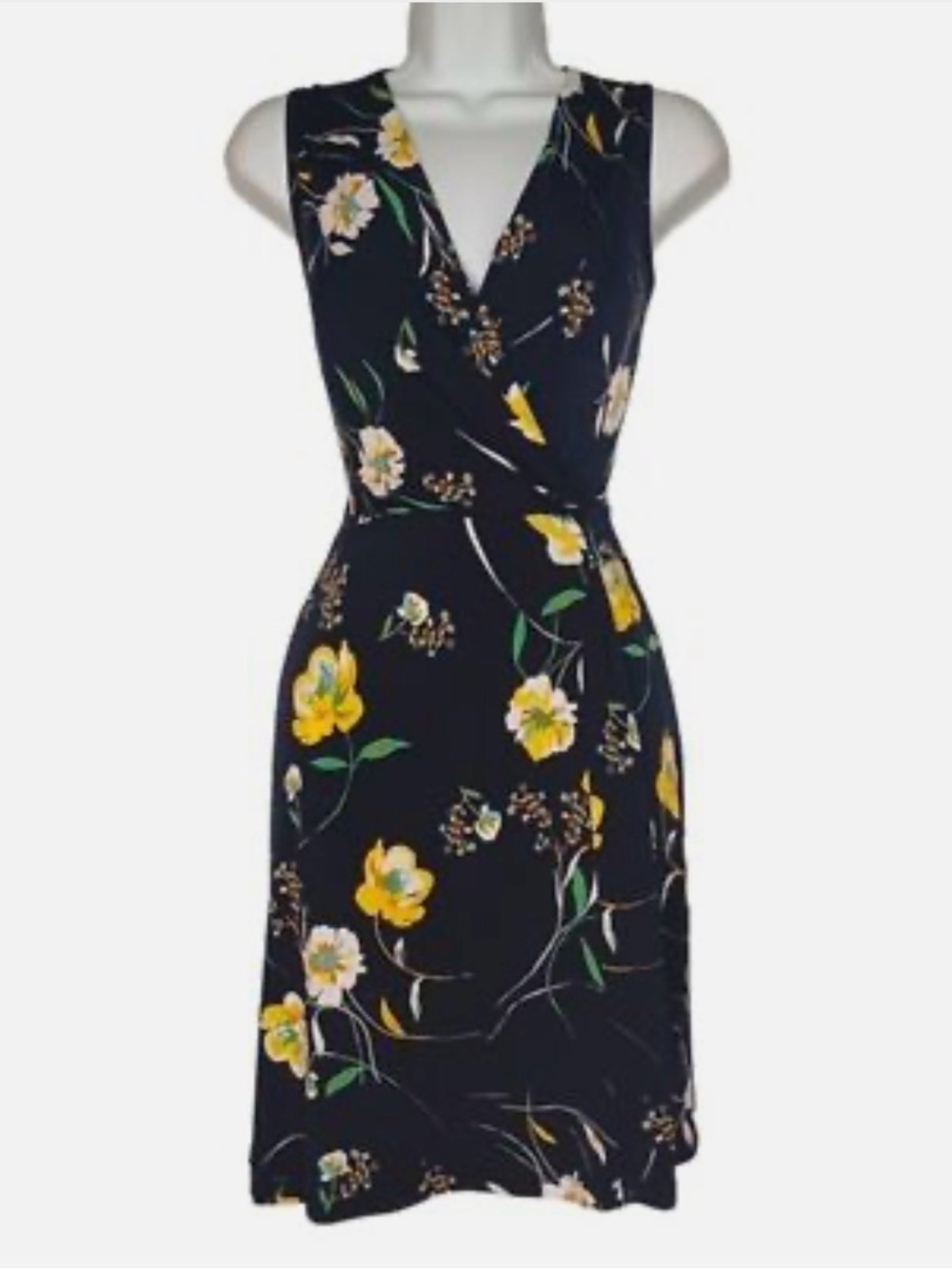 Kaileigh Seanna Floral Faux Wrap Dress Navy Yellow & White Blooms Stitch Fix